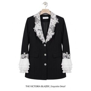 Women’s Black Blazer Lace Floral Collar Ruffle Cuff Medium NWOT Whimsigoth Goth